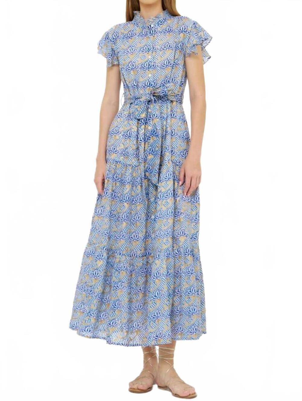 NEW OLIPHANT ruffle collar button maxi dress in florence blue